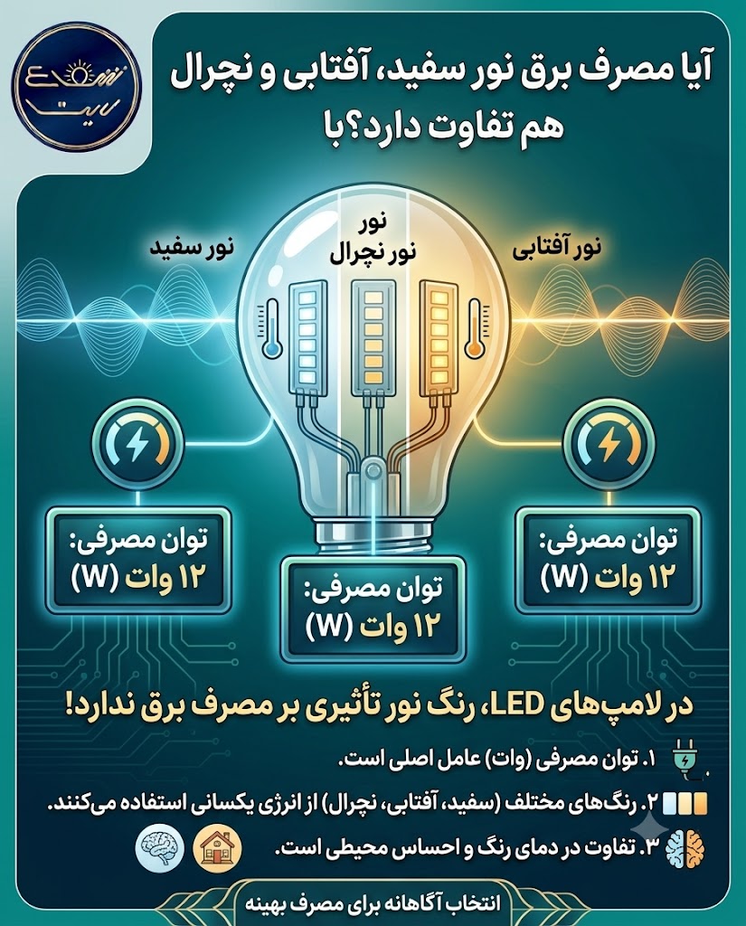تفاوت نور سفید، آفتابی و نچرال در چیست؟ 3 آیا مصرف برق نور سفید، آفتابی و نچرال با هم تفاوت دارد؟