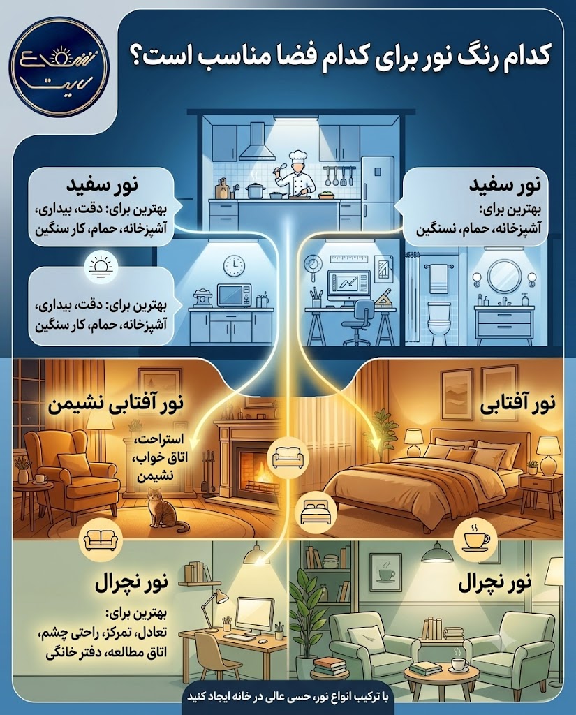 تفاوت نور سفید، آفتابی و نچرال در چیست؟ 4 کدام رنگ نور برای کدام فضا مناسب است؟
